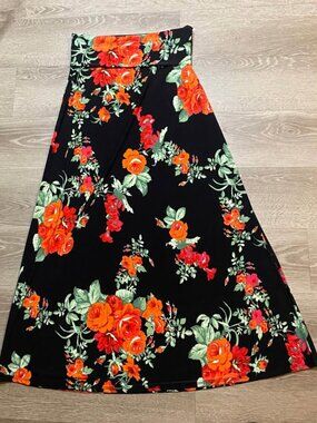 Azules Fold-Over Waist Maxi Skirt Black Red Rose Print Stretch Yoga Skirt Size M
